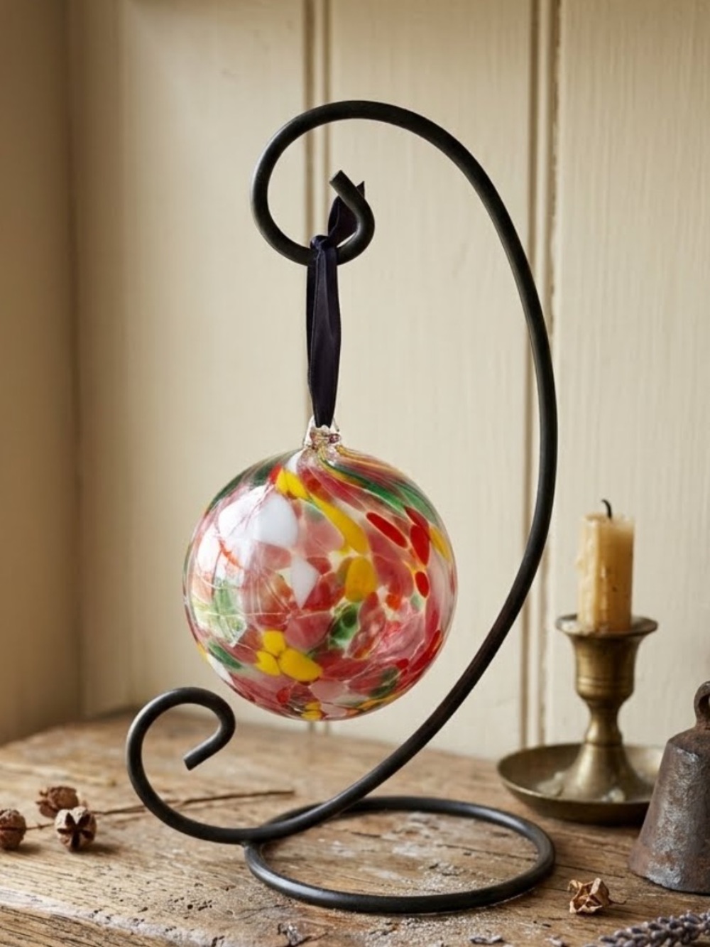 Handmade Blown Glass Friendship Ball Ornament - Red White yellow green